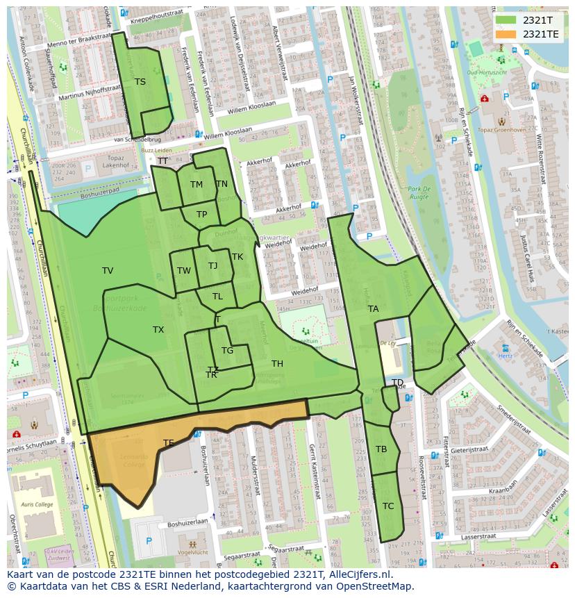 Afbeelding van het postcodegebied 2321 TE op de kaart.