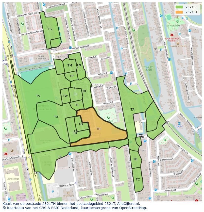 Afbeelding van het postcodegebied 2321 TH op de kaart.