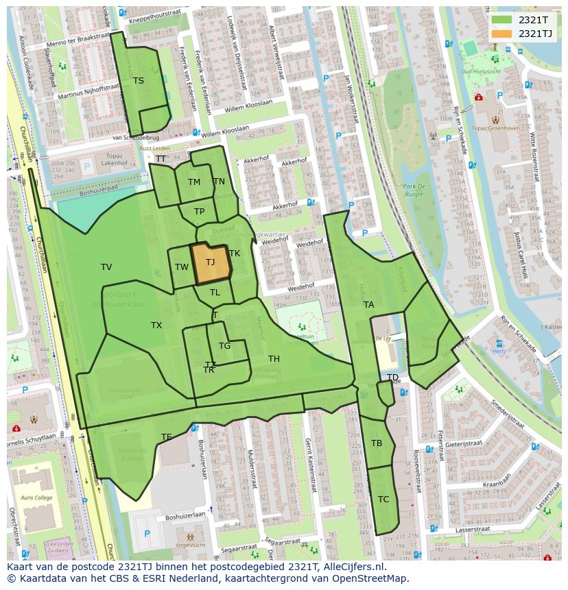 Afbeelding van het postcodegebied 2321 TJ op de kaart.