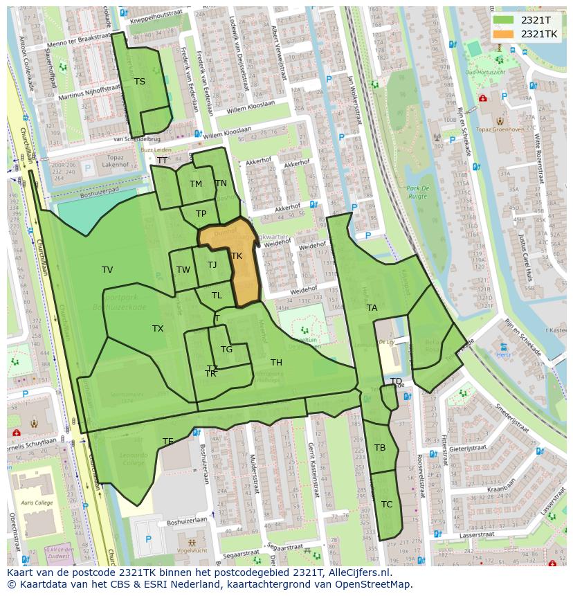 Afbeelding van het postcodegebied 2321 TK op de kaart.
