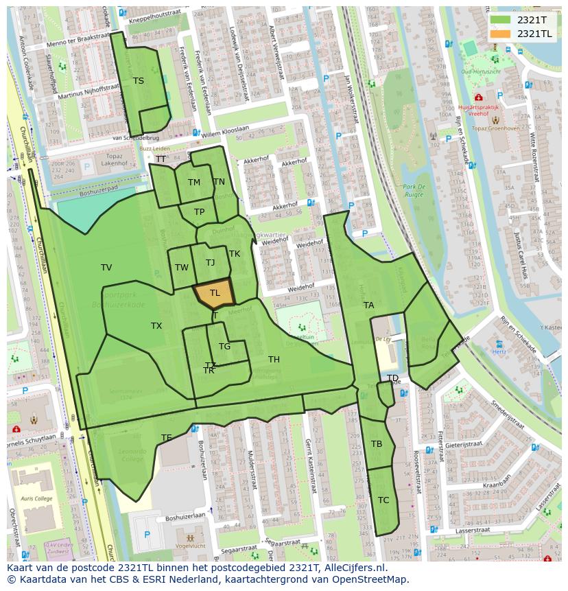 Afbeelding van het postcodegebied 2321 TL op de kaart.
