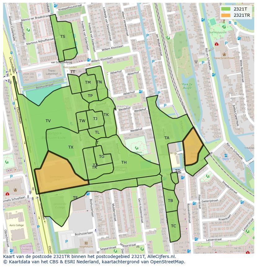Afbeelding van het postcodegebied 2321 TR op de kaart.