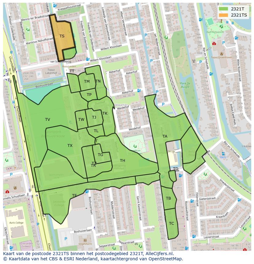 Afbeelding van het postcodegebied 2321 TS op de kaart.