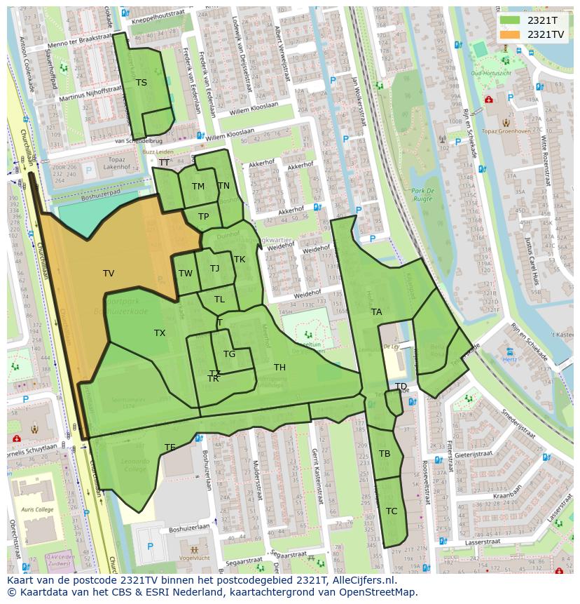 Afbeelding van het postcodegebied 2321 TV op de kaart.