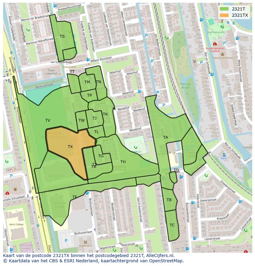 Afbeelding van het postcodegebied 2321 TX op de kaart.
