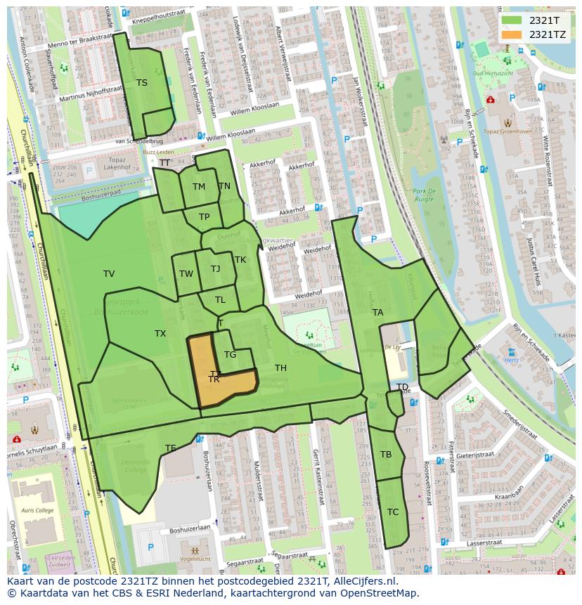 Afbeelding van het postcodegebied 2321 TZ op de kaart.