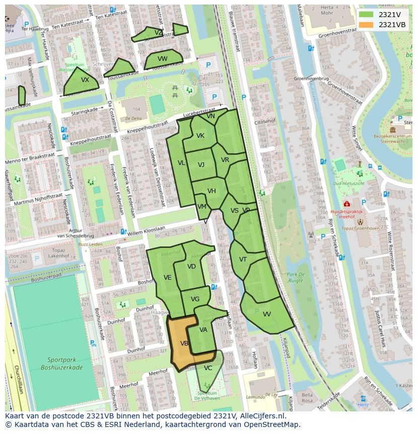 Afbeelding van het postcodegebied 2321 VB op de kaart.