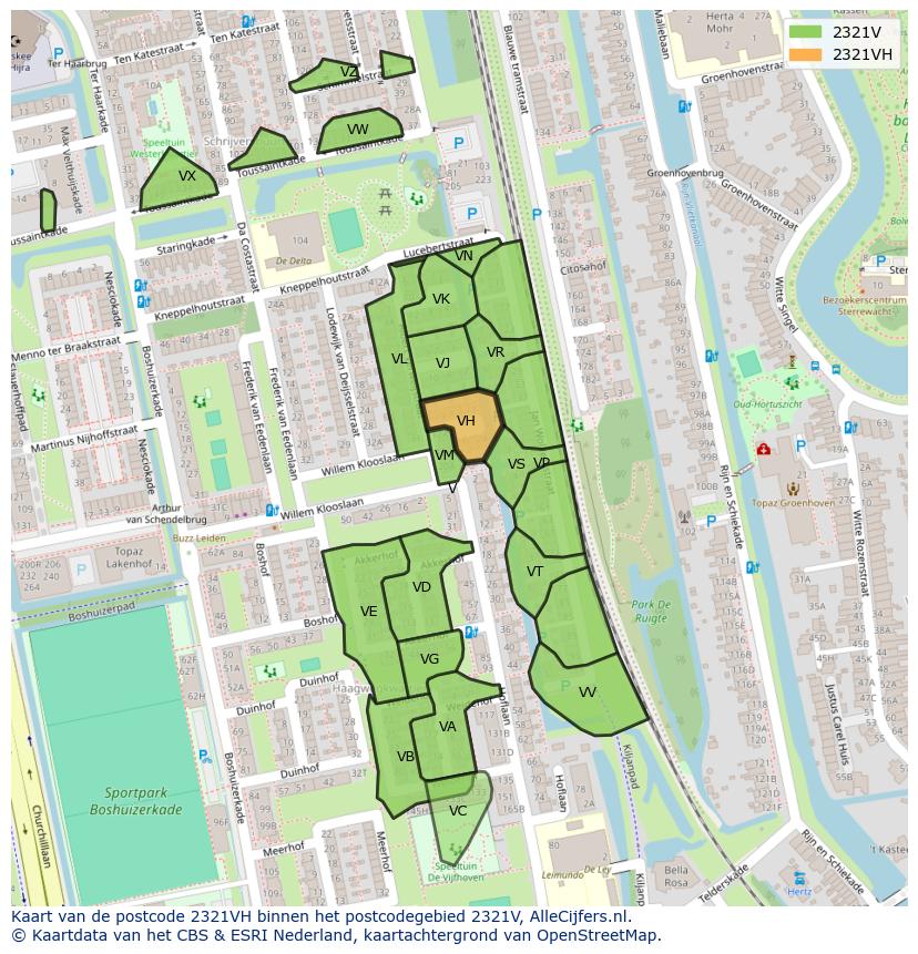 Afbeelding van het postcodegebied 2321 VH op de kaart.