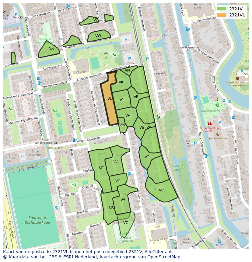Afbeelding van het postcodegebied 2321 VL op de kaart.