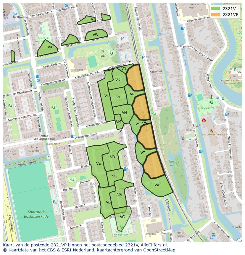Afbeelding van het postcodegebied 2321 VP op de kaart.