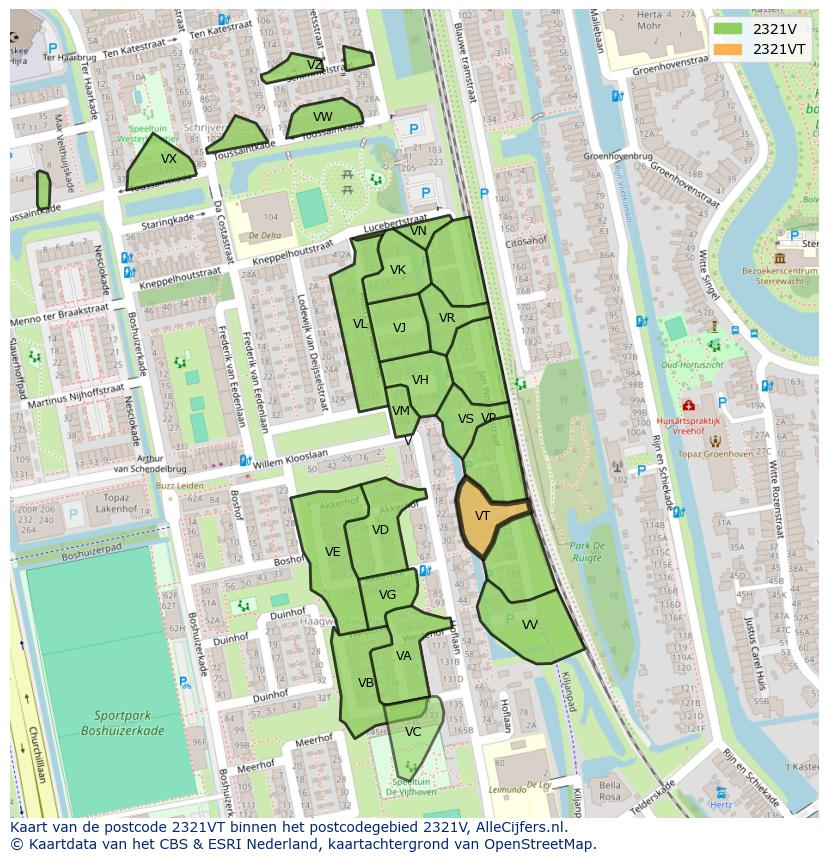 Afbeelding van het postcodegebied 2321 VT op de kaart.