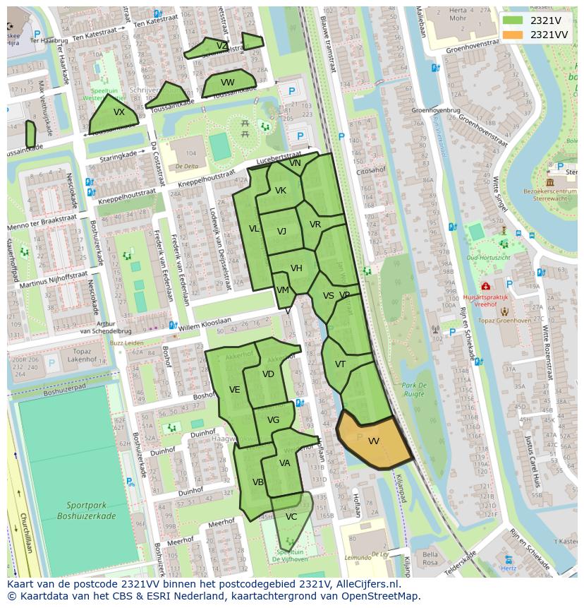 Afbeelding van het postcodegebied 2321 VV op de kaart.
