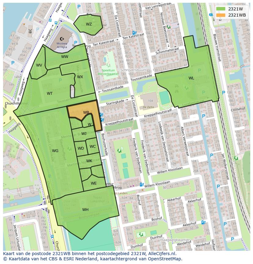 Afbeelding van het postcodegebied 2321 WB op de kaart.
