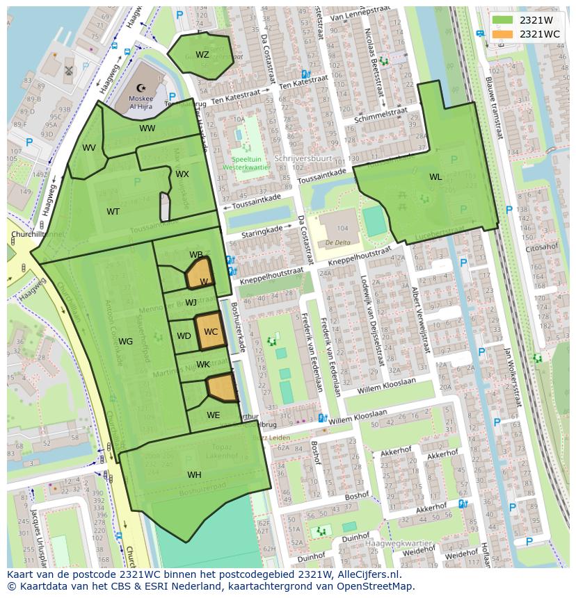 Afbeelding van het postcodegebied 2321 WC op de kaart.