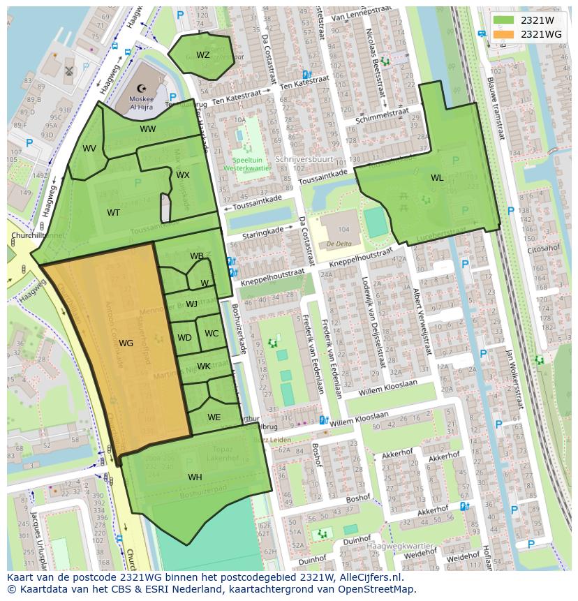 Afbeelding van het postcodegebied 2321 WG op de kaart.