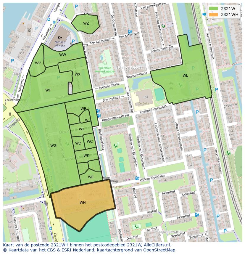 Afbeelding van het postcodegebied 2321 WH op de kaart.