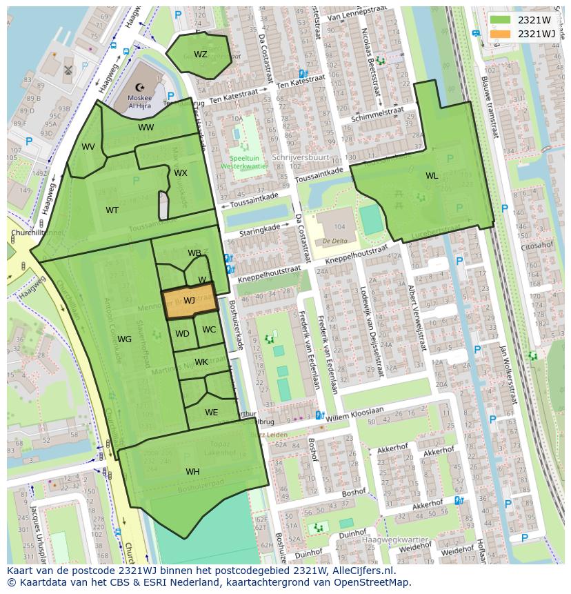 Afbeelding van het postcodegebied 2321 WJ op de kaart.