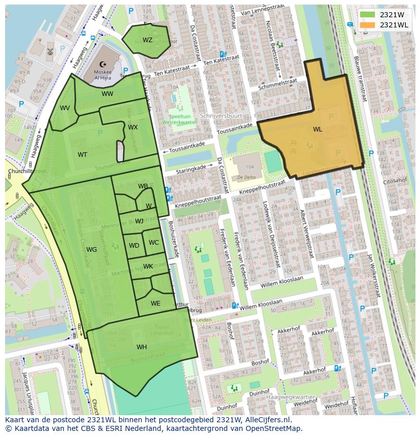 Afbeelding van het postcodegebied 2321 WL op de kaart.