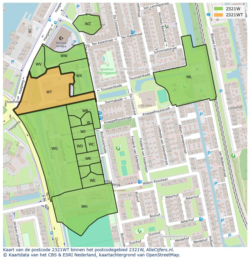 Afbeelding van het postcodegebied 2321 WT op de kaart.