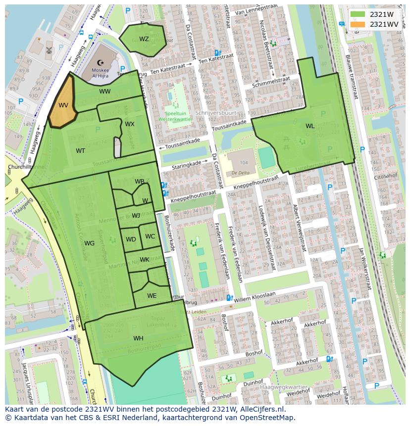 Afbeelding van het postcodegebied 2321 WV op de kaart.