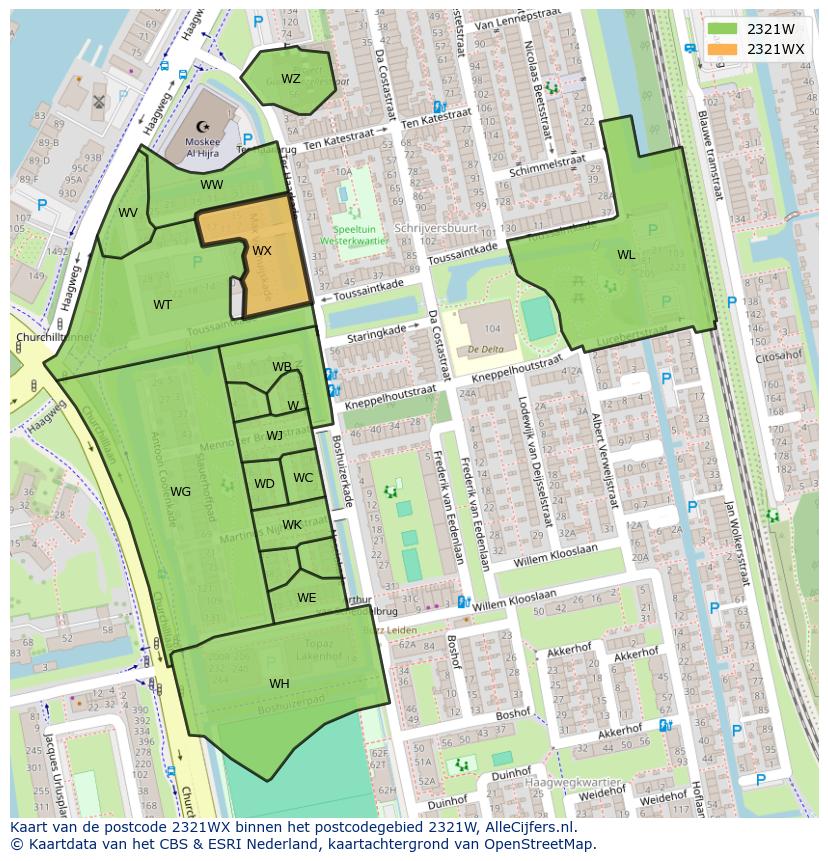 Afbeelding van het postcodegebied 2321 WX op de kaart.