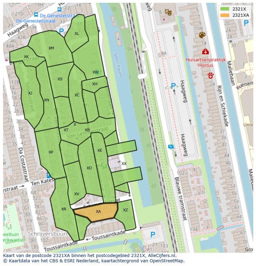 Afbeelding van het postcodegebied 2321 XA op de kaart.