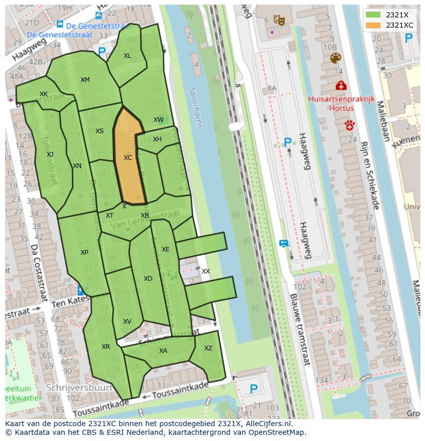 Afbeelding van het postcodegebied 2321 XC op de kaart.
