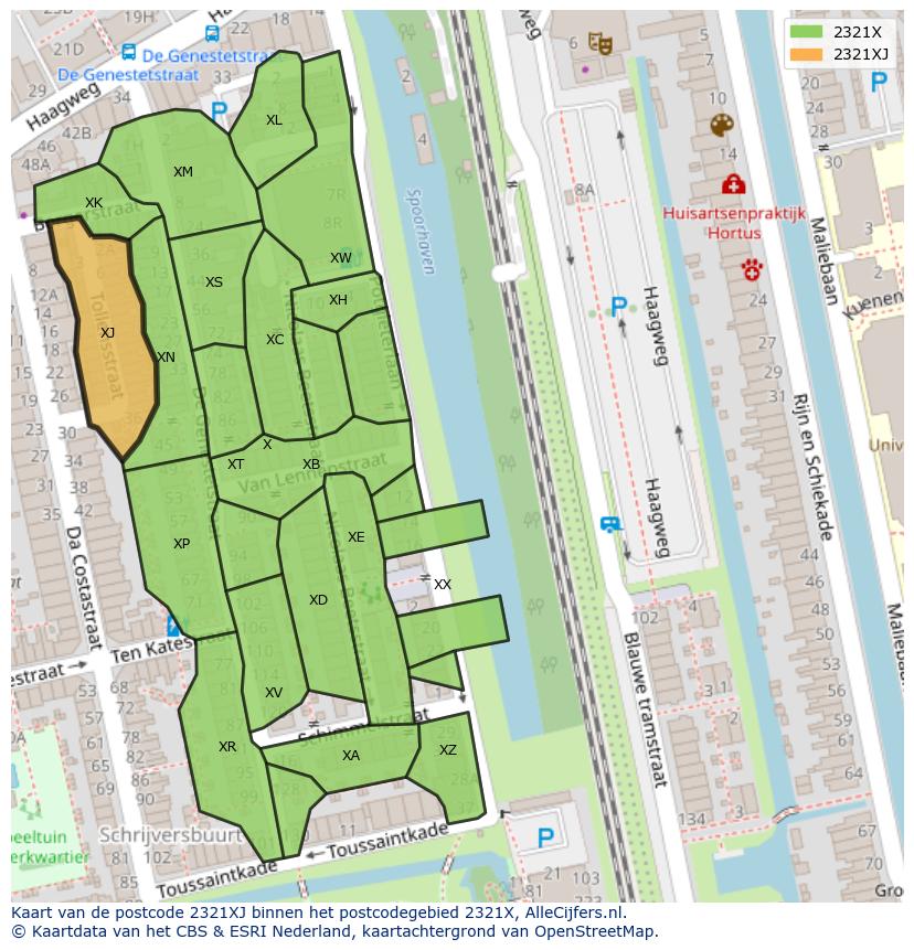 Afbeelding van het postcodegebied 2321 XJ op de kaart.