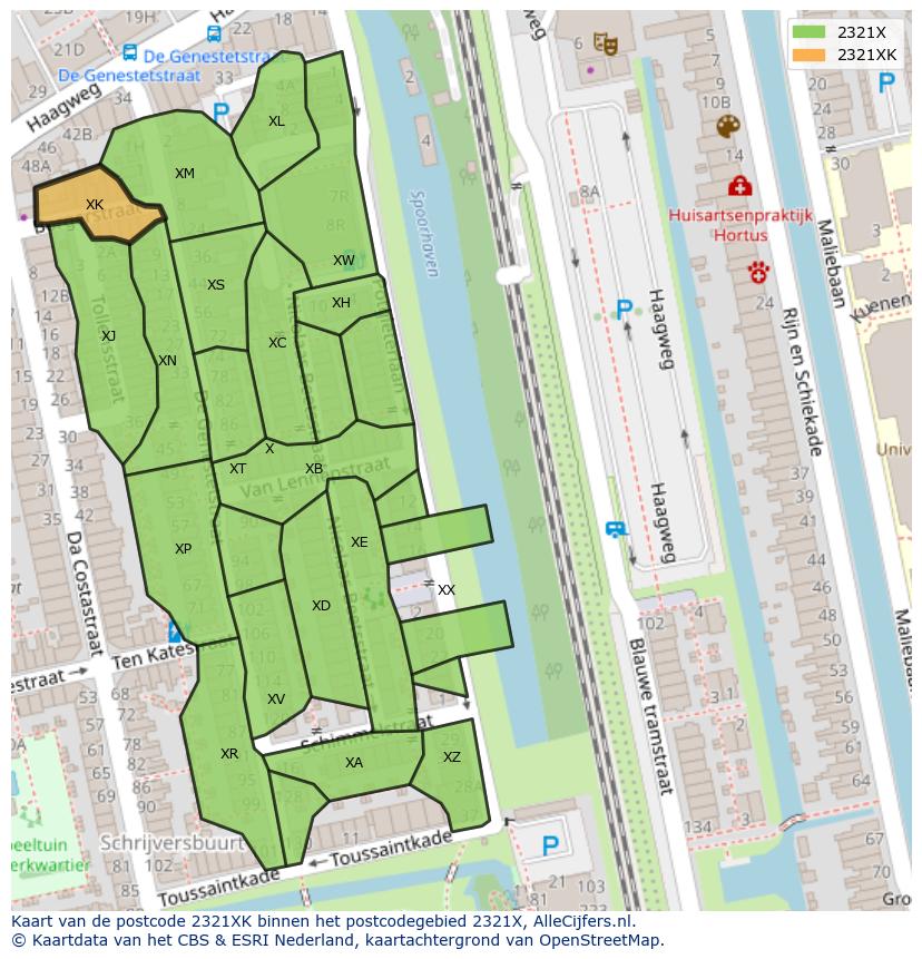 Afbeelding van het postcodegebied 2321 XK op de kaart.