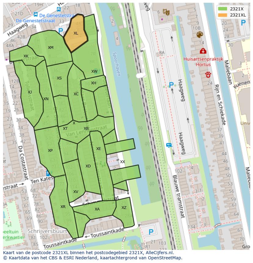 Afbeelding van het postcodegebied 2321 XL op de kaart.