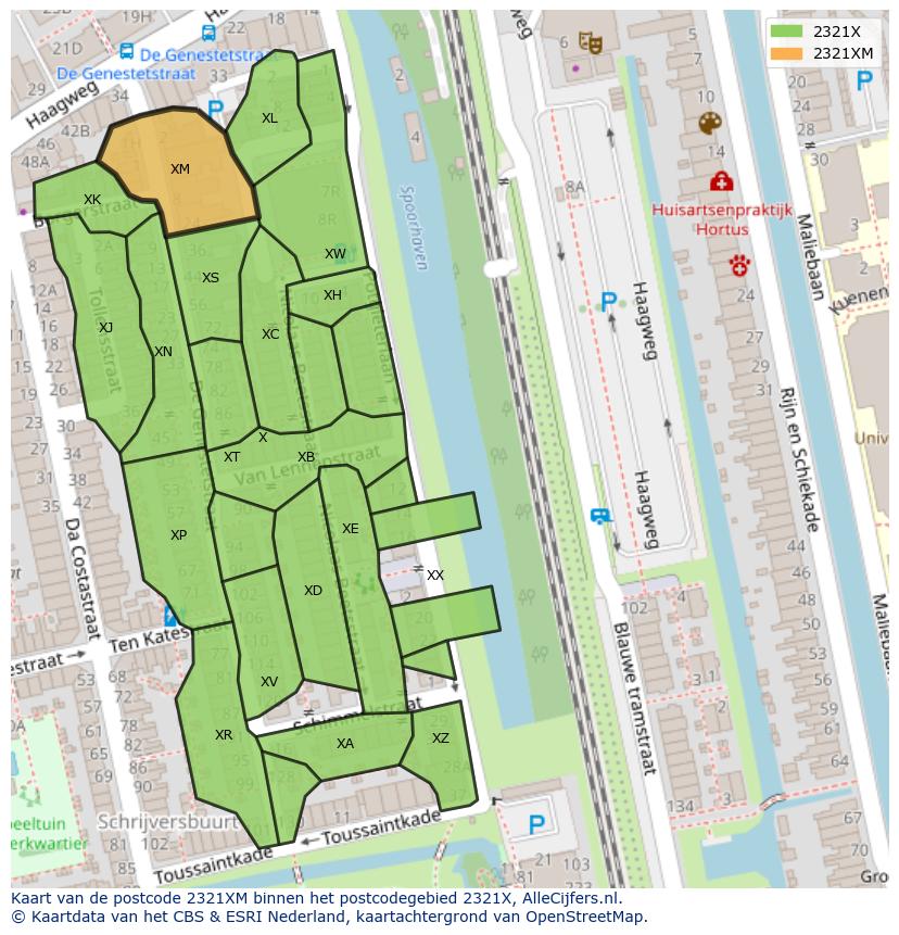 Afbeelding van het postcodegebied 2321 XM op de kaart.