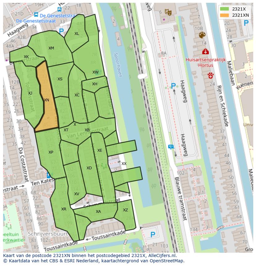 Afbeelding van het postcodegebied 2321 XN op de kaart.
