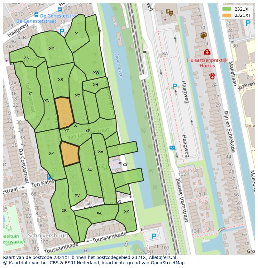 Afbeelding van het postcodegebied 2321 XT op de kaart.