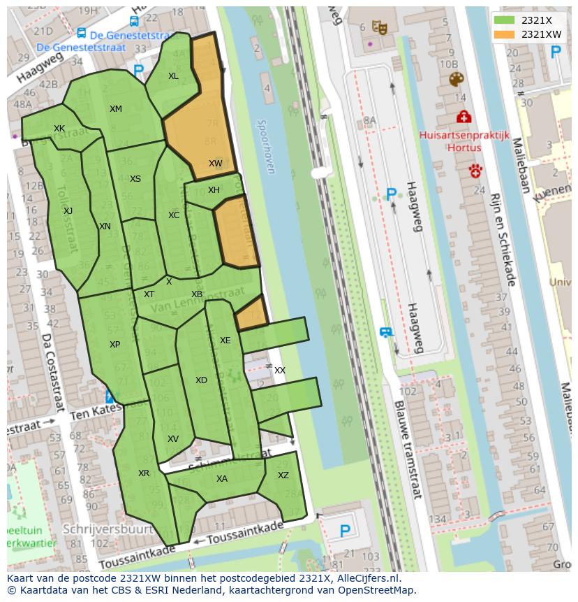 Afbeelding van het postcodegebied 2321 XW op de kaart.