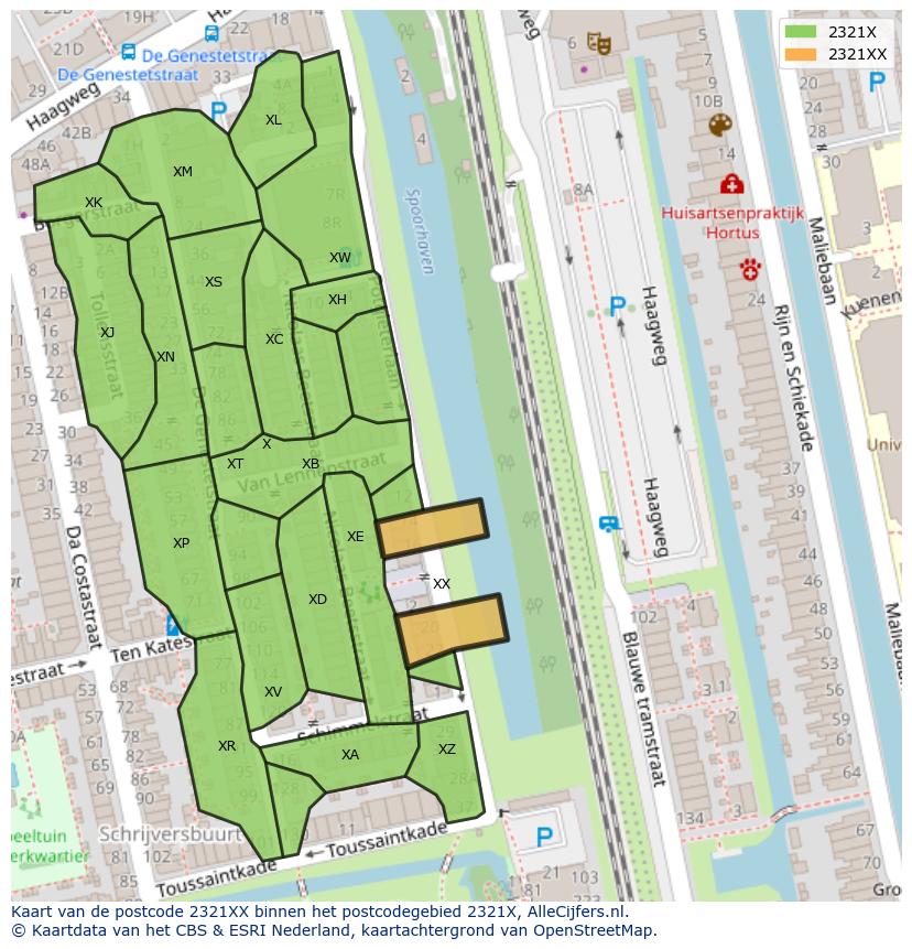 Afbeelding van het postcodegebied 2321 XX op de kaart.