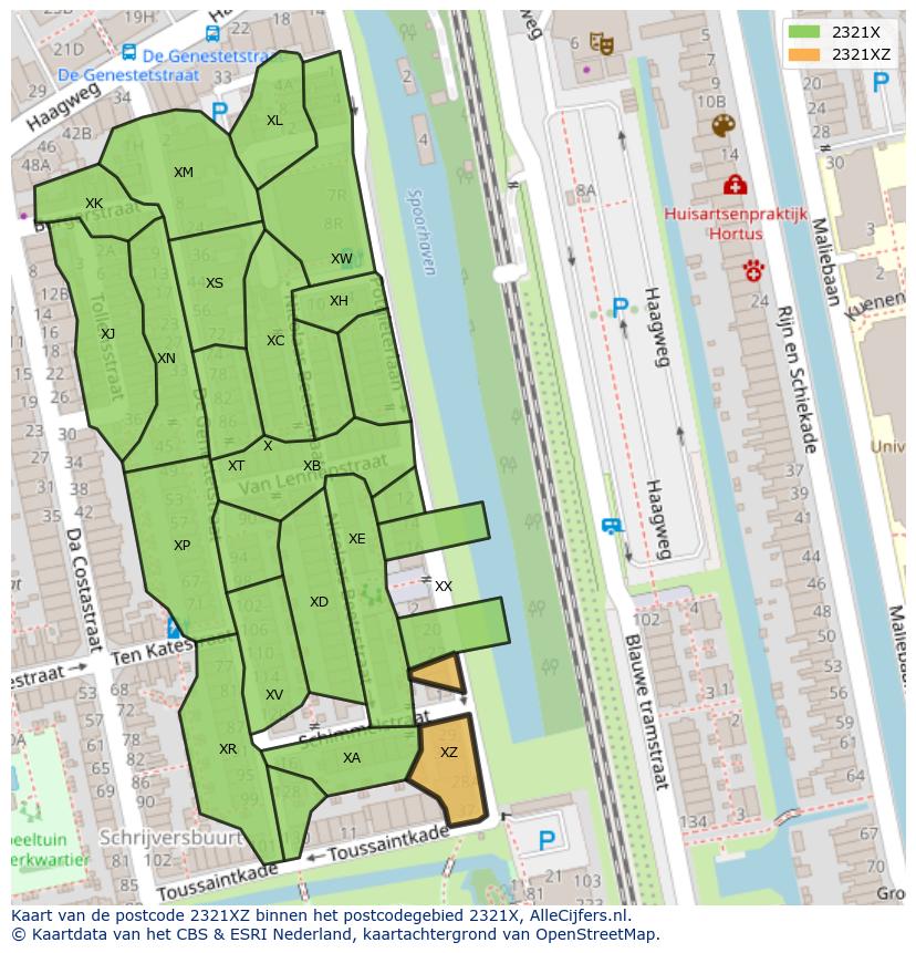 Afbeelding van het postcodegebied 2321 XZ op de kaart.