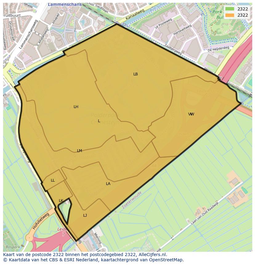 Afbeelding van het postcodegebied 2322 op de kaart.