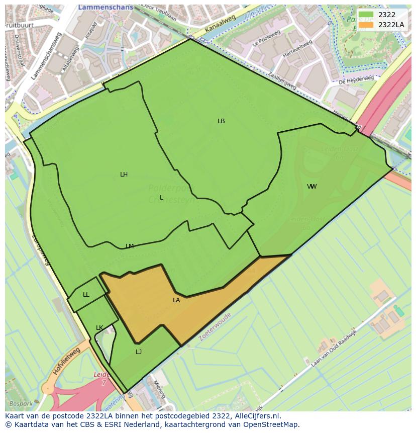 Afbeelding van het postcodegebied 2322 LA op de kaart.