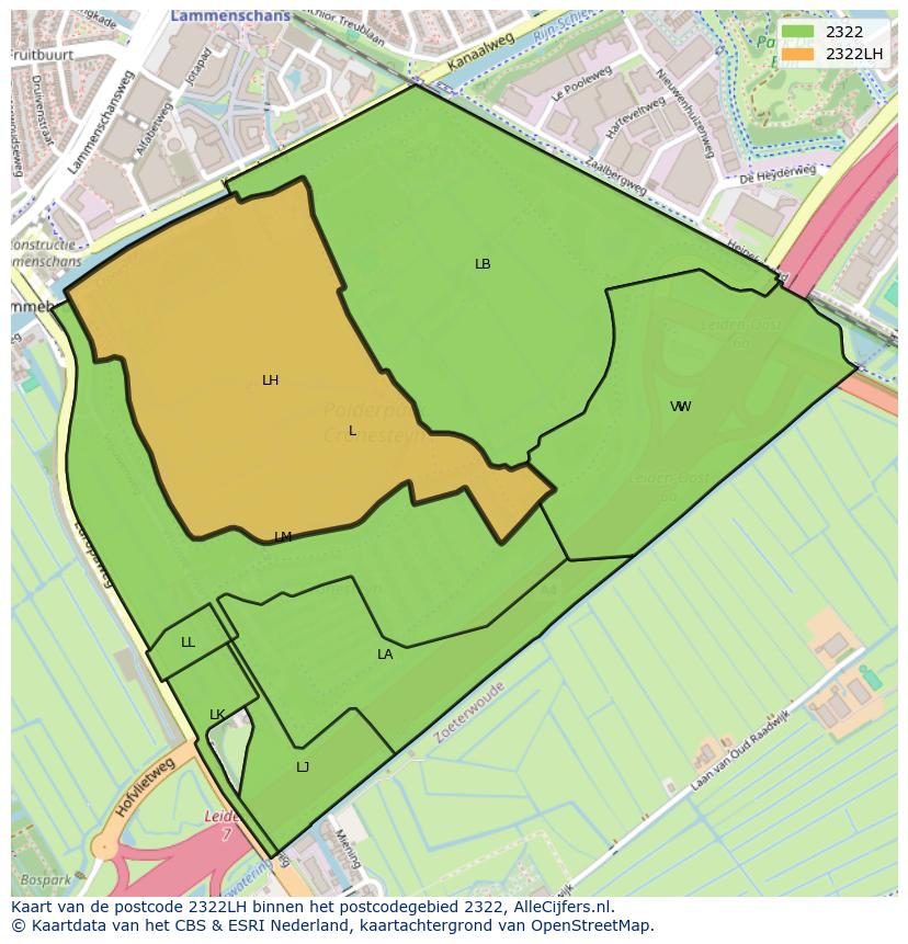 Afbeelding van het postcodegebied 2322 LH op de kaart.