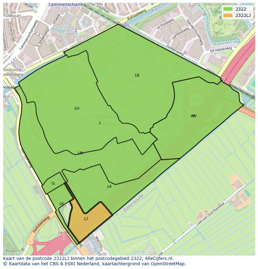 Afbeelding van het postcodegebied 2322 LJ op de kaart.
