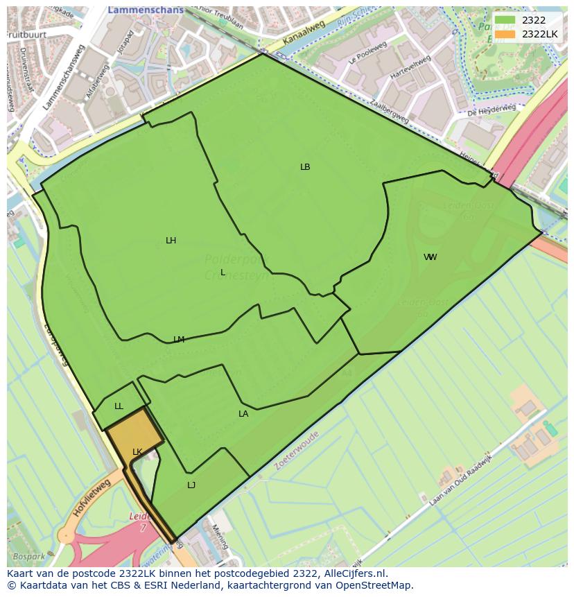 Afbeelding van het postcodegebied 2322 LK op de kaart.