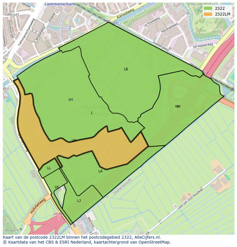Afbeelding van het postcodegebied 2322 LM op de kaart.
