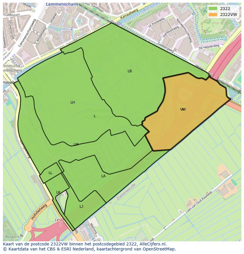 Afbeelding van het postcodegebied 2322 VW op de kaart.