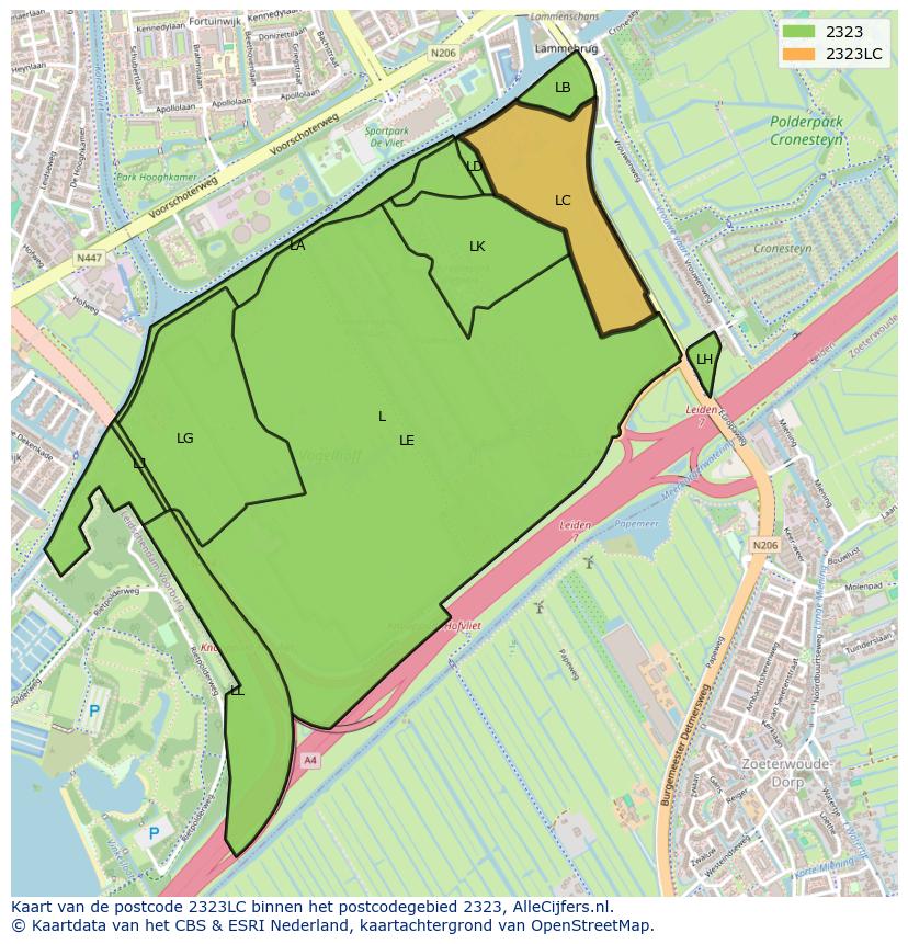 Afbeelding van het postcodegebied 2323 LC op de kaart.