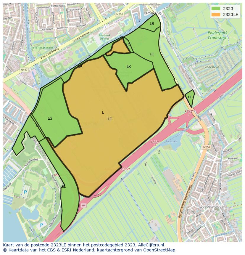 Afbeelding van het postcodegebied 2323 LE op de kaart.