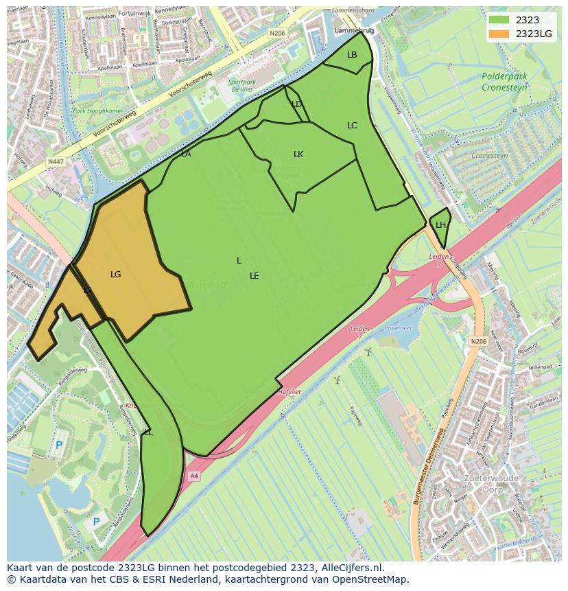 Afbeelding van het postcodegebied 2323 LG op de kaart.