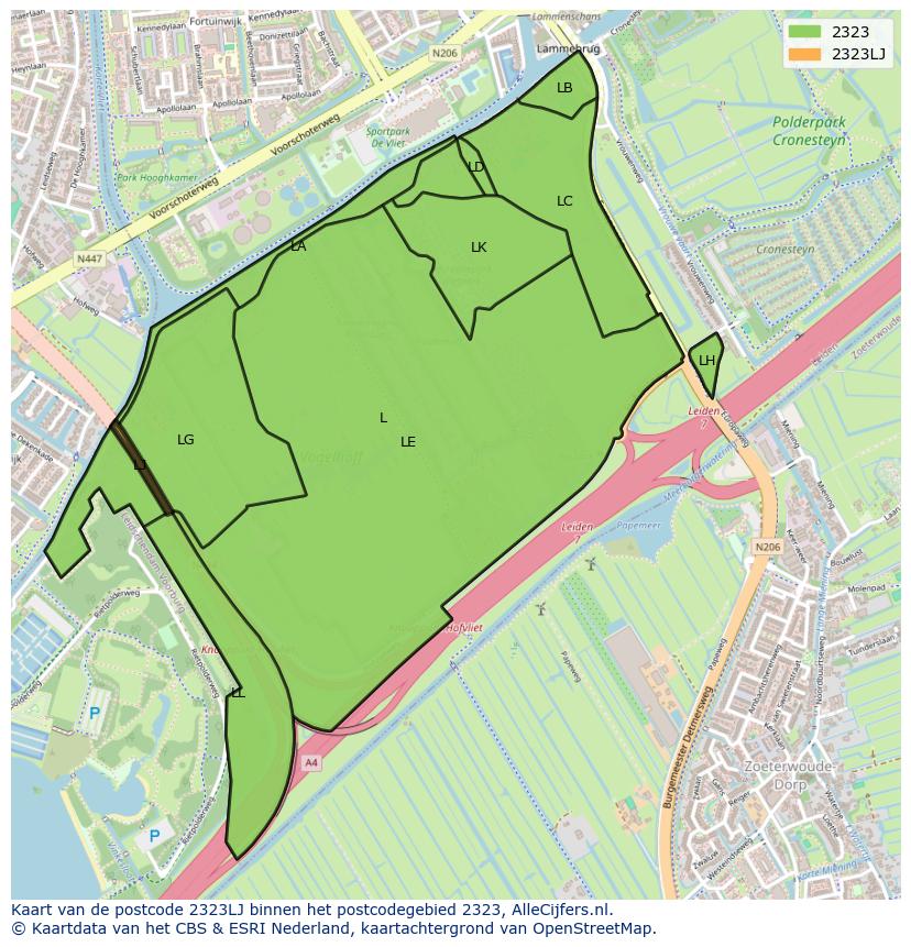 Afbeelding van het postcodegebied 2323 LJ op de kaart.
