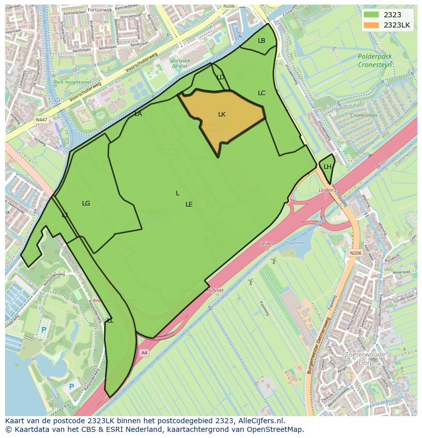 Afbeelding van het postcodegebied 2323 LK op de kaart.