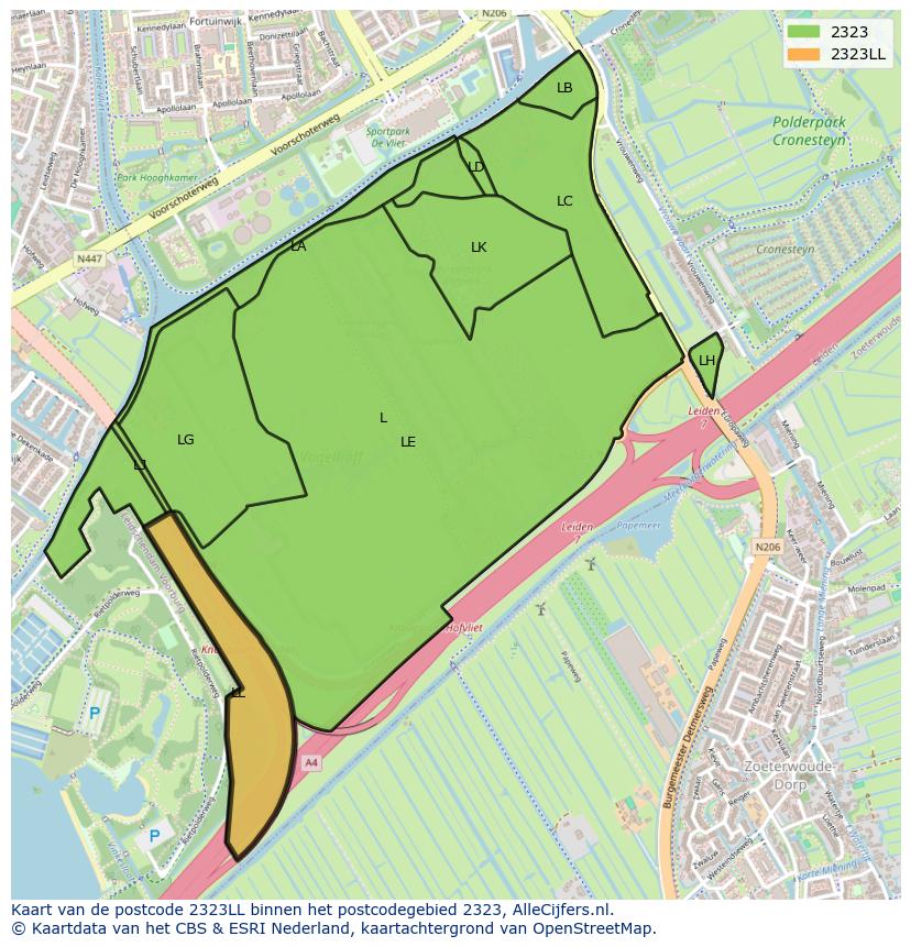 Afbeelding van het postcodegebied 2323 LL op de kaart.