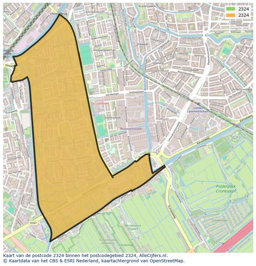 Afbeelding van het postcodegebied 2324 op de kaart.
